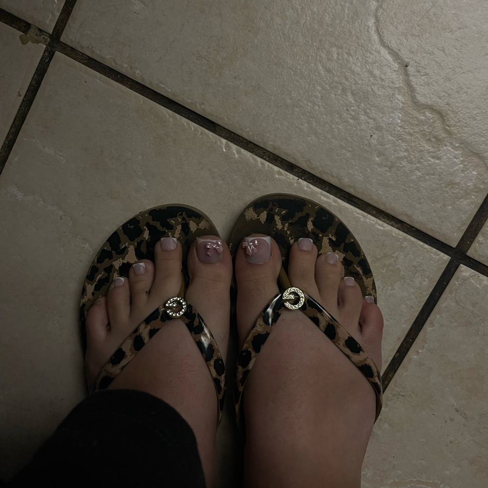 Guess Leopard Print Flip Flops with Rhinestone Detail